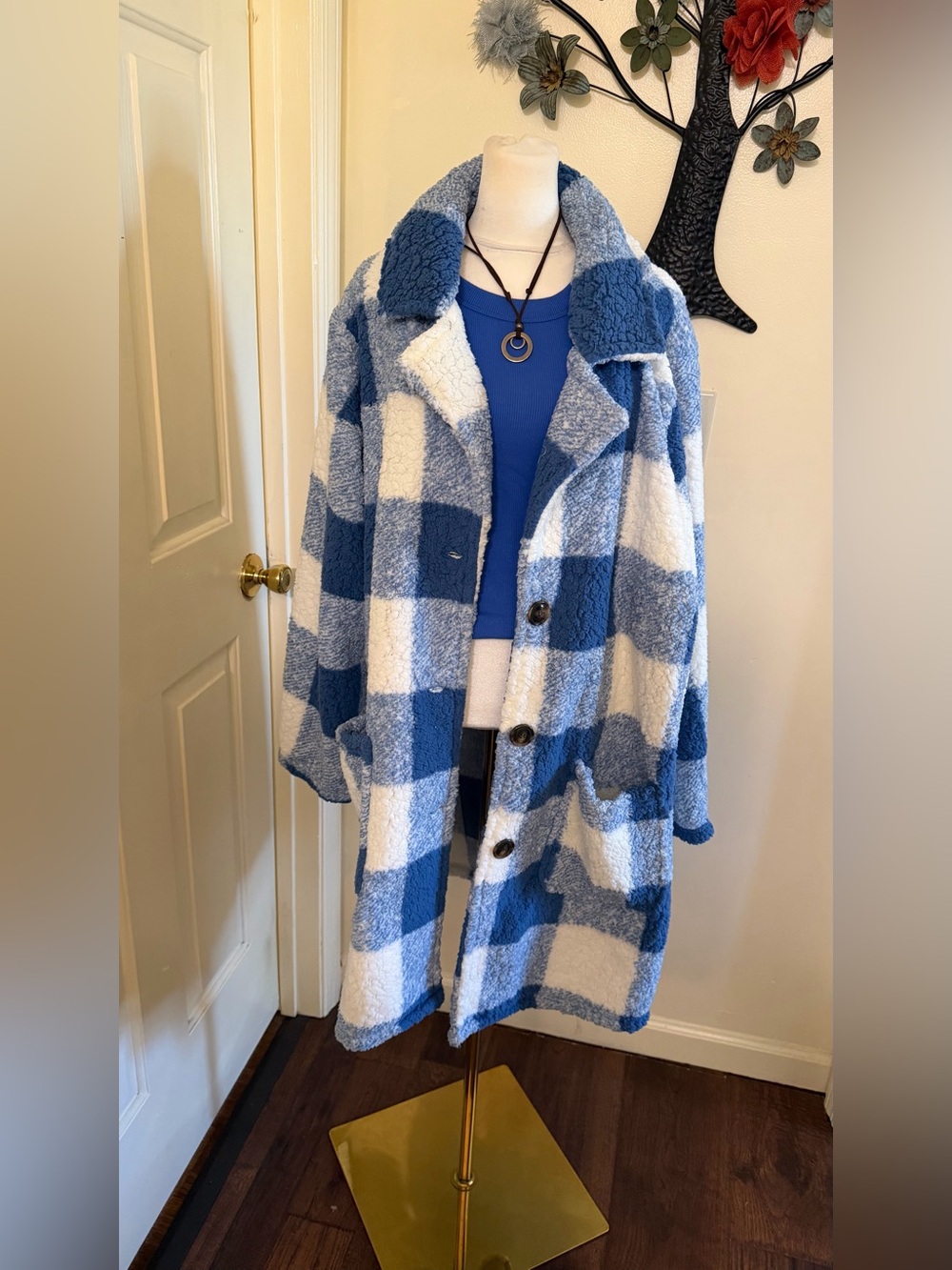 Blue and White Plaid Sherpa Coat by Sabrina Lauren - Picture 3 of 7